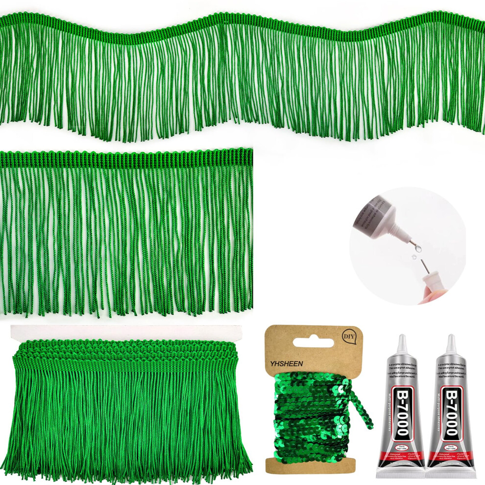 Yhsheen Groene Franje, 5 Yards X 4 Inch Franje Trim met B7000 Lijm, Decoratieve Franje voor Knutselen