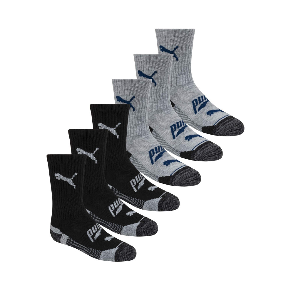 PUMA boys 6 Pack Cut Crew Socks  Grey/Navy  5-6.5 US