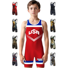 Exxact Sports Sublimated Youth Wrestling Singlet For Boys  Premium Powerlifting Singlet  Kids Wrestling Singlets For Training (YM  Red USA)