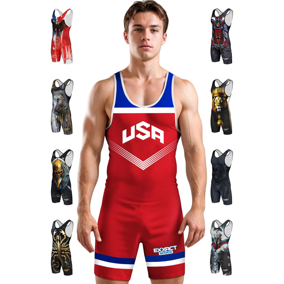 Exxact Sports Sublimiertes Wrestling-Singlet F R Herren, Hochleistungs-Powerlifting-Singlet, Wrestling-Singlets F R M Nner (A2XL Rot Usa)-image