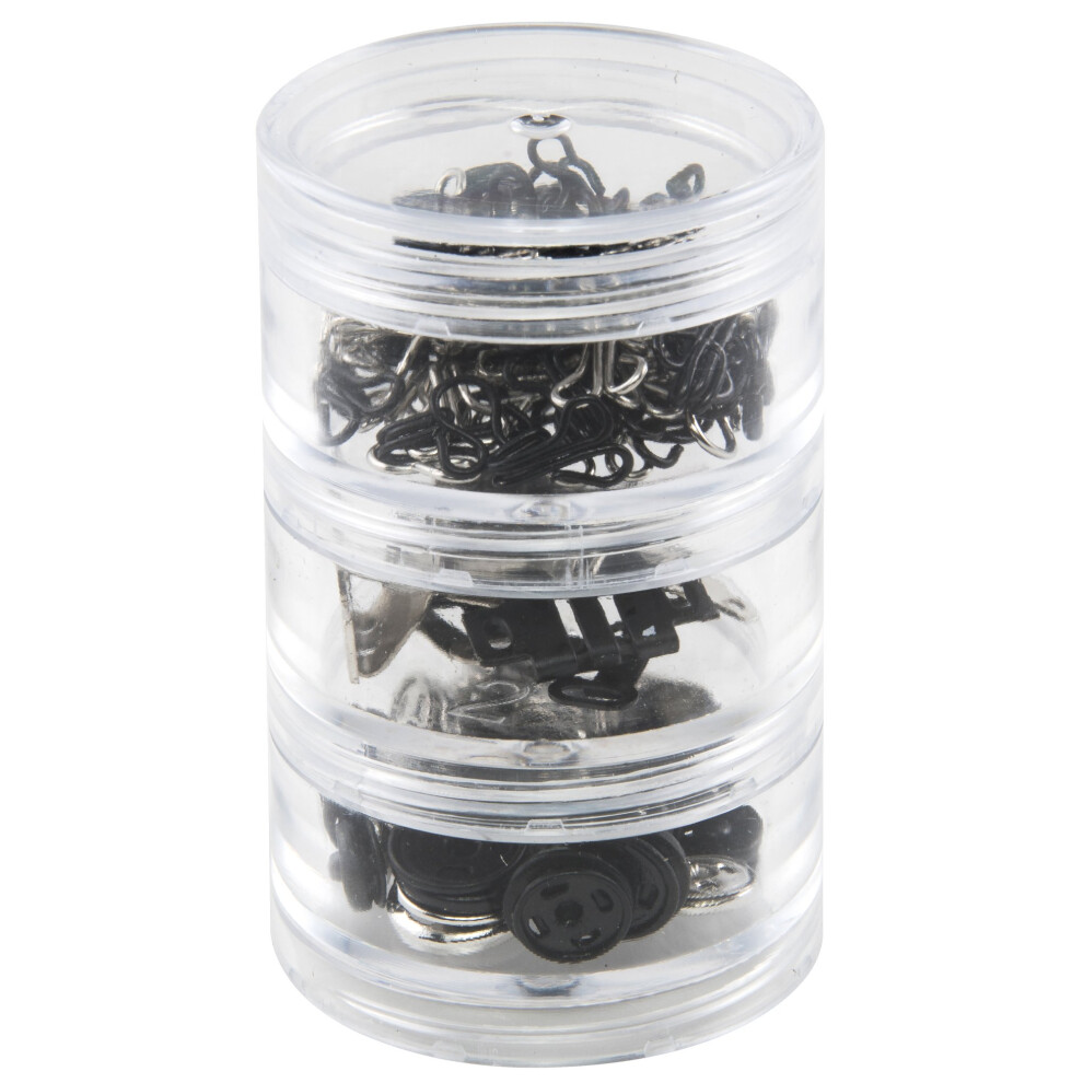 SINGER 07400 Fastener Variety-Pack in Stackable Screw Top Container - 48 Hook & Eyes  24 Sew-On Snaps  6 Hook & Bars   Black