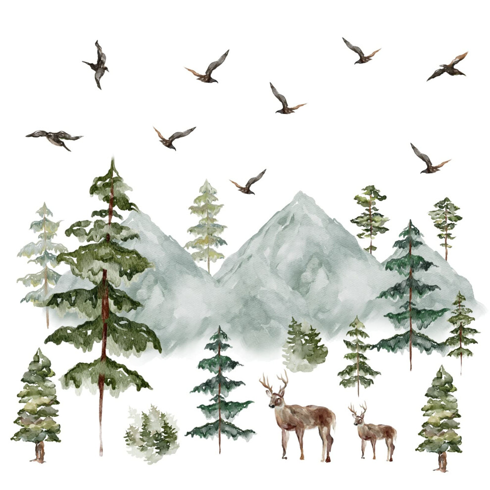 Mountain Wall Decals Large Pine Tree Wall Decals Peel And Stick Forest Tree Deer Birds Woodland Animal Wall Decals Mountain Tree Wall Stickers For Kid Mositu