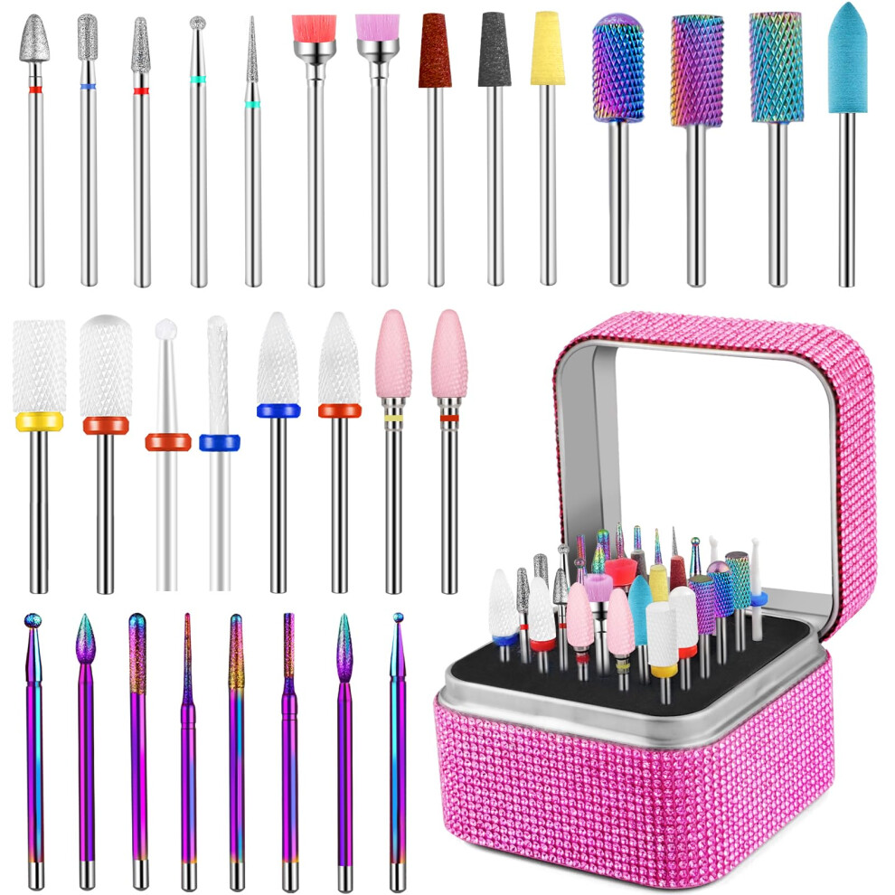 Cellentool 30Pcs Nail Drill Bits Set With Rhinestone Storage Box 3/32 Inch Ceramic Diamond Carbide Nail Drill Bits For Acrylic Gel Polish Cuticle Ef