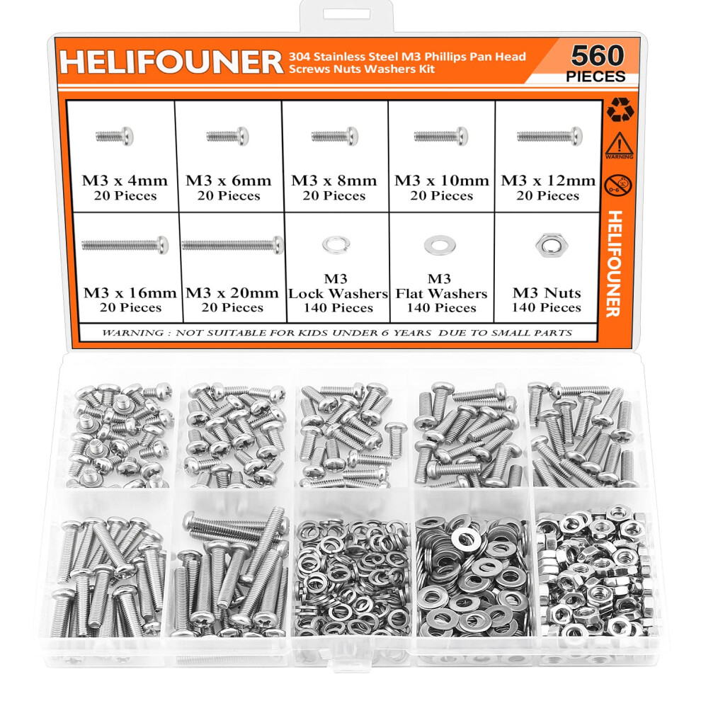 Helifouner 560 Pieces M3 X 4Mm /6Mm /8Mm /10Mm /12Mm /16Mm /20Mm Phillips Pan Head Machine Screws Metric Screws Bolts Washers Nuts Kit 304 Stainles 749355452965