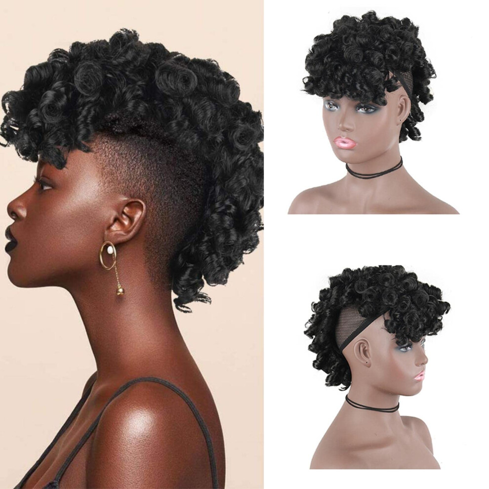Oseti Unisex Black Mohawk Wigs For Women Cute And Curly Mohawk Ponytail With Bangs Clip In Hair Extension Afro Faux Hawks Hairpieces Clip-On Mohawk Hair For