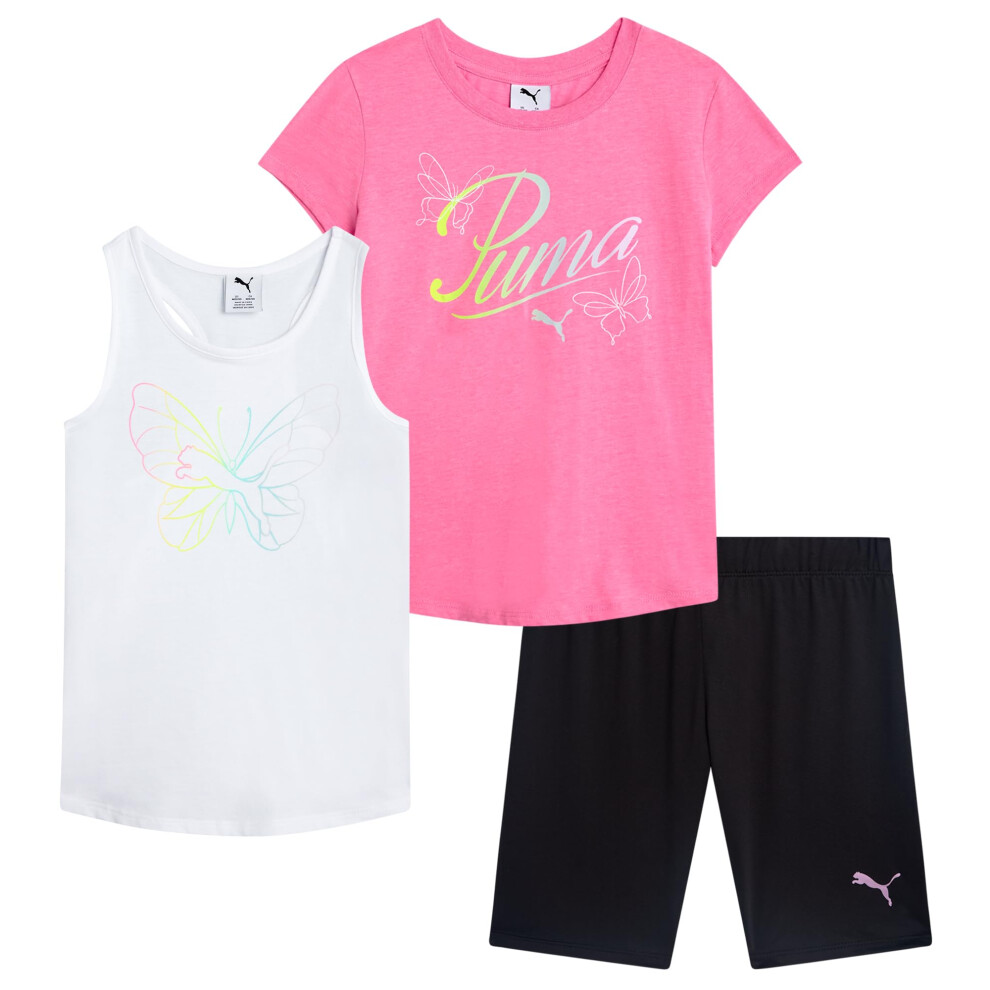 PUMA Girls' Active Shorts Set - 3 Piece Performance T-Shirt  Tank Top  Bike Shorts - Summer Athletic Outfit for Girls (7-14)  Size 12/14  Fuchsia/Whit