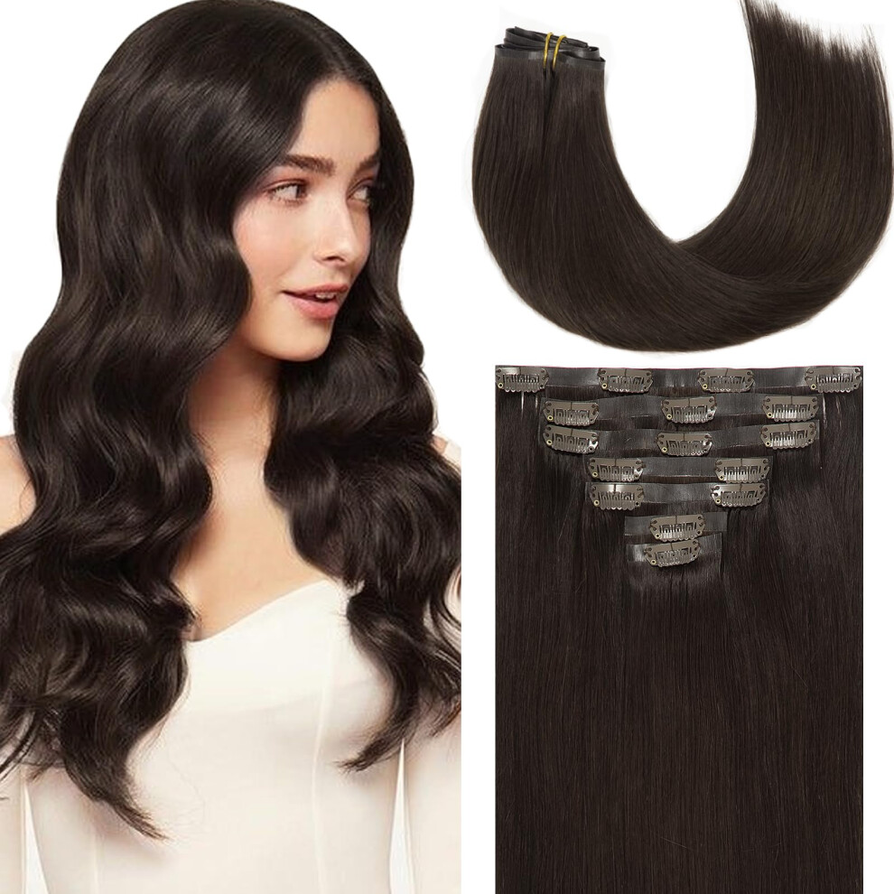 Loxxy Human Hair Clip Extensions 110Gram 7Pieces 14Inch Darkest Brown Seamless Hair Extensions Invisible Pu Skin Weft With Clip In Extensions Human Ha