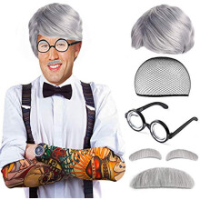 Beelittle Old Man Costume Mad Scientist Peruk Set Albert Einstien Ben Benjamin Franklin Morfars kostym