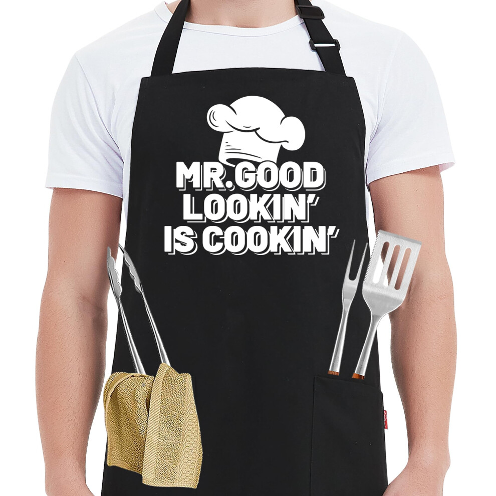 Tabliers de chef amusants Kaidouma pour hommes - M. Beau Lookin' is Cookin' - Tabliers de cuisine amusants pour hommes avec 2 poches - Cadeaux d'anniv