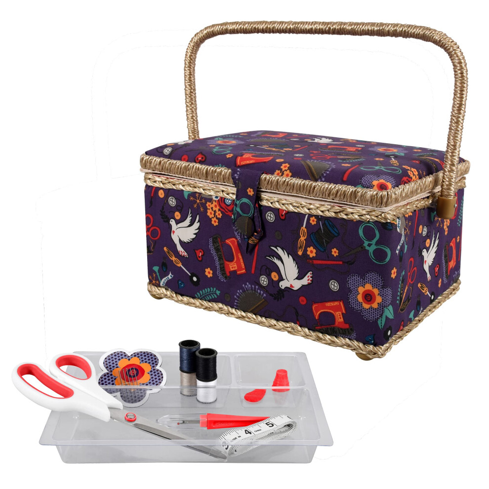 Singer Sewing Basket with Sewing Kit Needles Thread Scissors and Notions- Purple