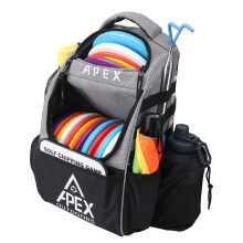 Apex Outdoors -fresh golf -s   kki, suuri frisbeegolfreppu, johon mahtuu yli 21 frisbeegolfia, kest   v    ja kevyt, useilla s   ilytystaskuilla