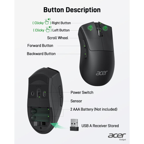 Acer Acer Computer Wireless Mouse, 2.4Ghz Mouse Wireless for Laptop with USB Receiver 1