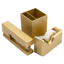 JAM PAPER Bureau Trio Pack - Goud - Nietjesmachine, Tape Dispenser & Pennenhouder - 3/Pack