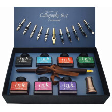 Plotube Calligraphy Pen Set - Includes Wooden Dip Pen Antique Brass Holder 11 Nibs 7 Colors Ink Bottles and Beginner's Manual