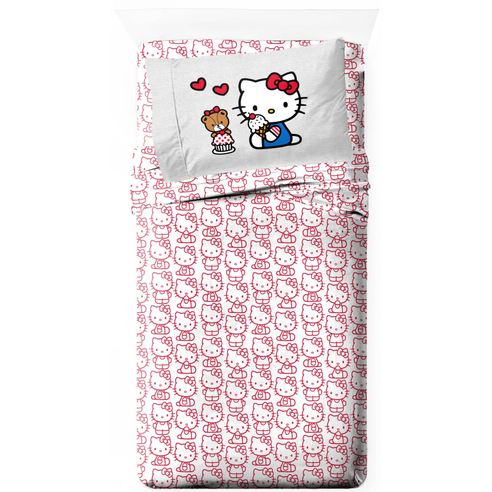 Parure de lit double Jay Franco Hello Kitty - Parure de lit Kawaii 3 pi   ces ultra douce - Draps en microfibre rouge et blanc avec taie d'oreiller