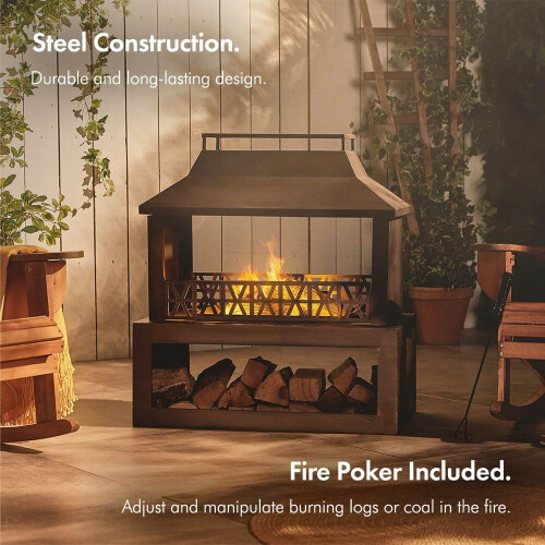 Big Size Modern Design Chiminea Fire Pit with Built-In Log Storage - Black Steel