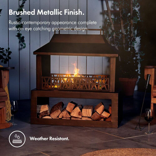 Big Size Modern Design Chiminea Fire Pit with Built-In Log Storage - Black Steel 2