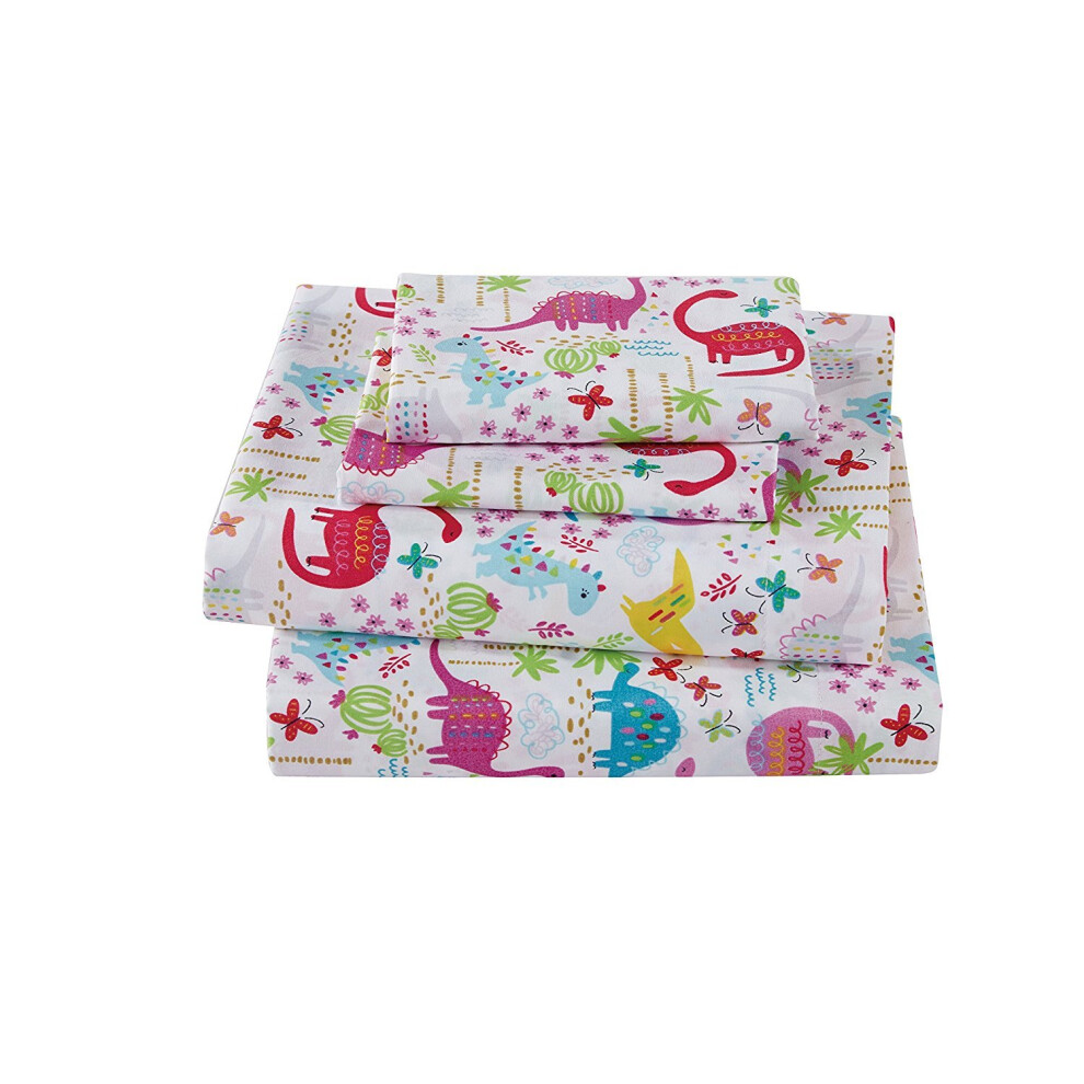 Parure de lit en lin pour fille Motif dinosaures Rose Blanc Rouge Violet Jaune Dinosaures Jurassique Drap plat Drap housse et taie d'oreiller Tai