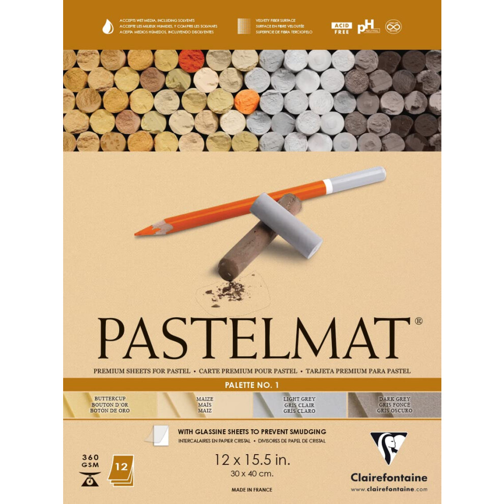 Bloc De Notas Pegado Clairefontaine Pastelmat - Paleta N. 1 - (30 X 40 Cm) - 360 G - 12 Hojas - Gris Oscuro, Gris Claro Y Bot N De Oro De Ma Z-image