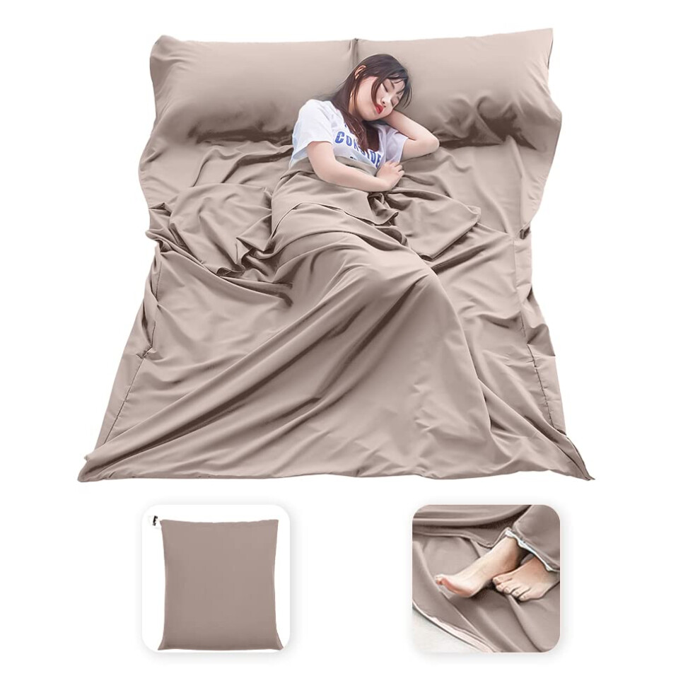 Sac De Couchage Mongbyya, L Ger Et Compact, Drap De Voyage Portable Et Propre, Pour Le Camping, La Randonn E, L'h Tel (Kaki Clair 82,7 X 70,9)-image