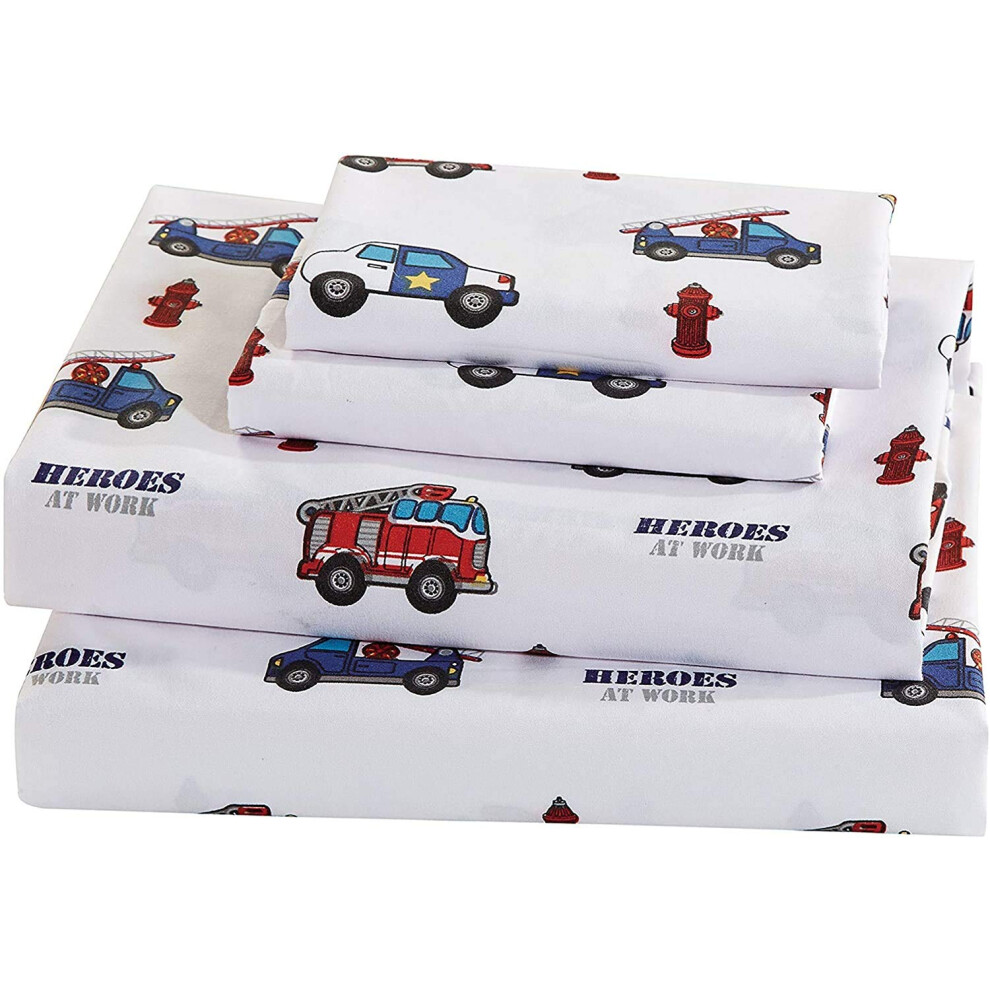 Parure de draps taille double Fancy Collection (voiture de police, camion de pompiers, ambulance, h  ros, bleu, rouge, vert, gris, blanc)