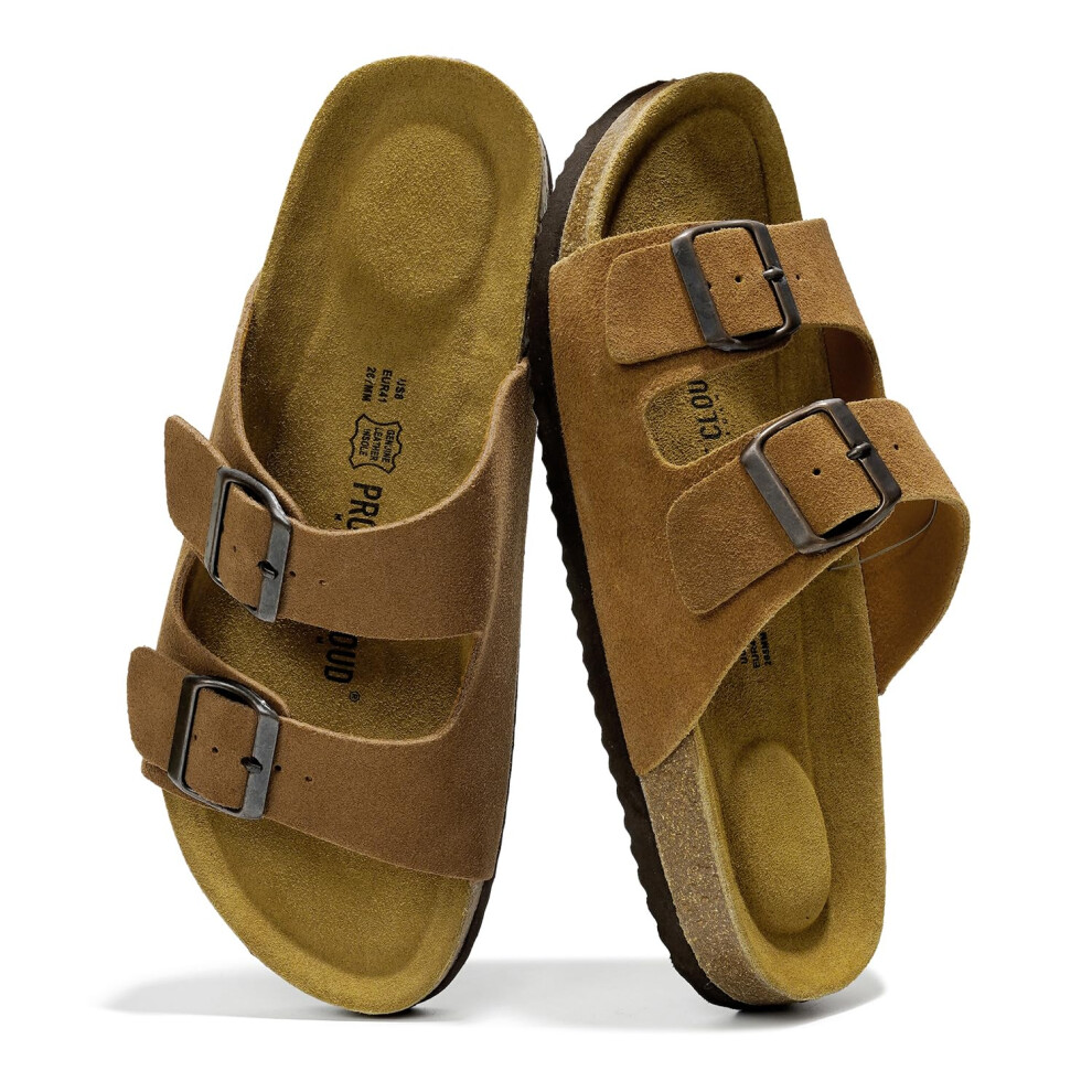 Project Cloud Genuine Leather Mens Sandals with Memory Foam Natural Cork Footbed Slides for Men Footwear - Non-Slip Double-Strap Buckle Sandals (Arizo