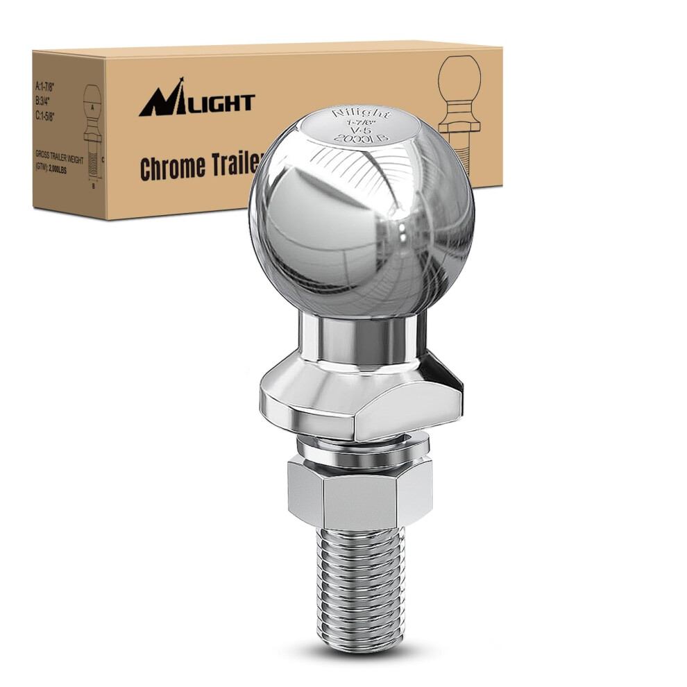 Nilight Gray 1-7/8-Inch Diameter Chrome Trailer Hitch Ball 2 000 Lbs 1 X 1-5/8-Inch Shank Universal Fit 2 Years Warranty