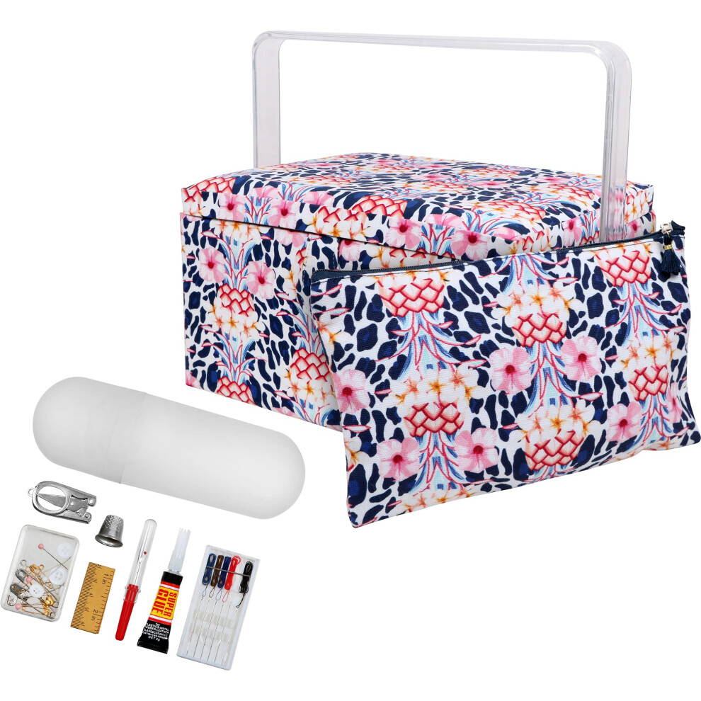 SINGER Large Premium Sewing Basket Tropical Animal Print with Emergency Travel Sewing Kit & Matching Zipper Pouch