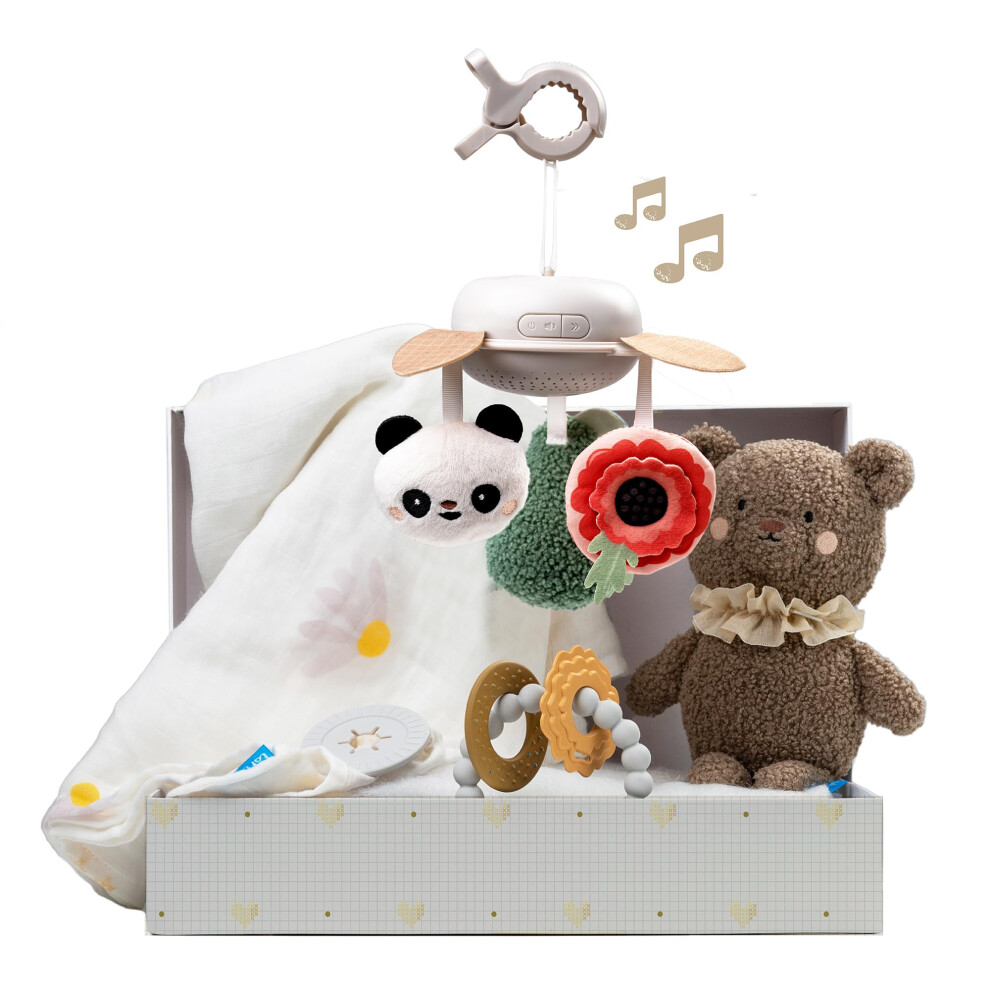 Cadeaux de naissance Taf Toys - Lange en coton et bambou, mobile musical     emporter, jouet c   lin ours et anneau de dentition en silicone, coffret