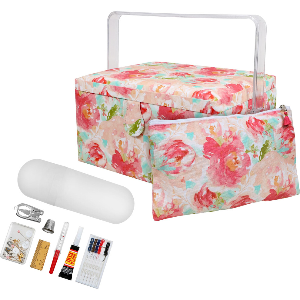 SINGER Large Premium Sewing Basket Watercolor Floral Print with Emergency Travel Sewing Kit & Matching Zipper Pouch