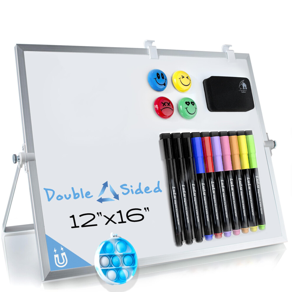 Tableau blanc effaçable à sec pour enfants 16 po x 12 po Grand tableau blanc magnétique de bureau avec support mural 10 marqueurs 4 aimants 1 gom