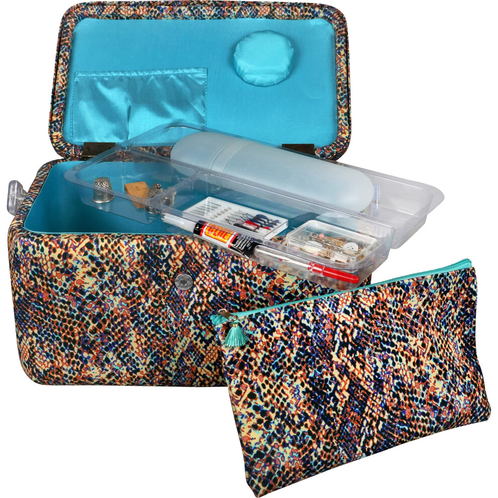 SINGER Large Premium Sewing Basket Multicolored Snake Print with Emergency Travel Sewing Kit & Matching Zipper Pouch