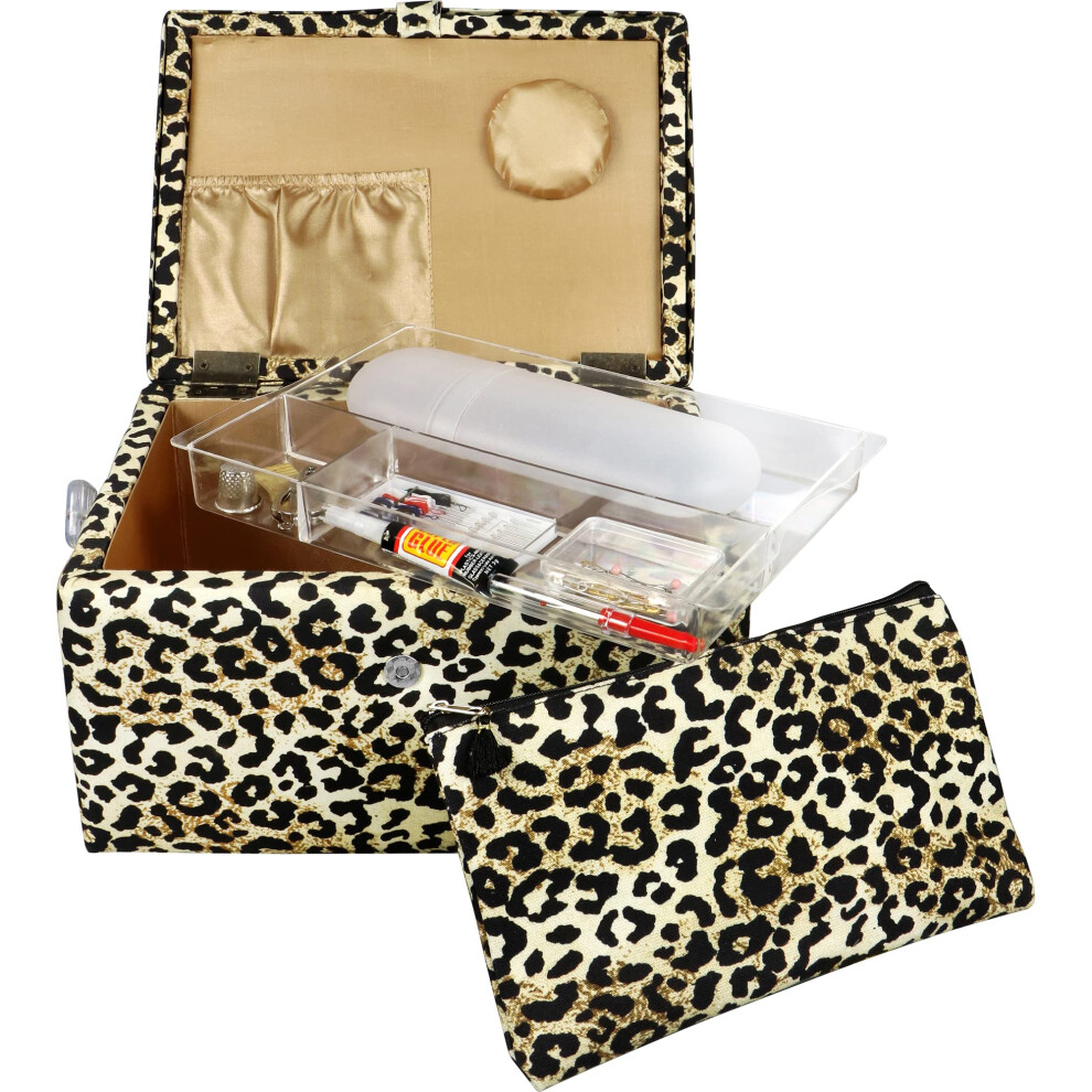 SINGER Large Sewing Basket with Matching Zipper Pouch (Leopard Print)