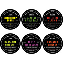 6-balenie LAVA Premium Cocktail Rimmers Variety: Jalapeno Citrus Morská sol 170 g Citrón Drop Cukor 140 g Margarita Lime Morská sol 170 g Med Hab