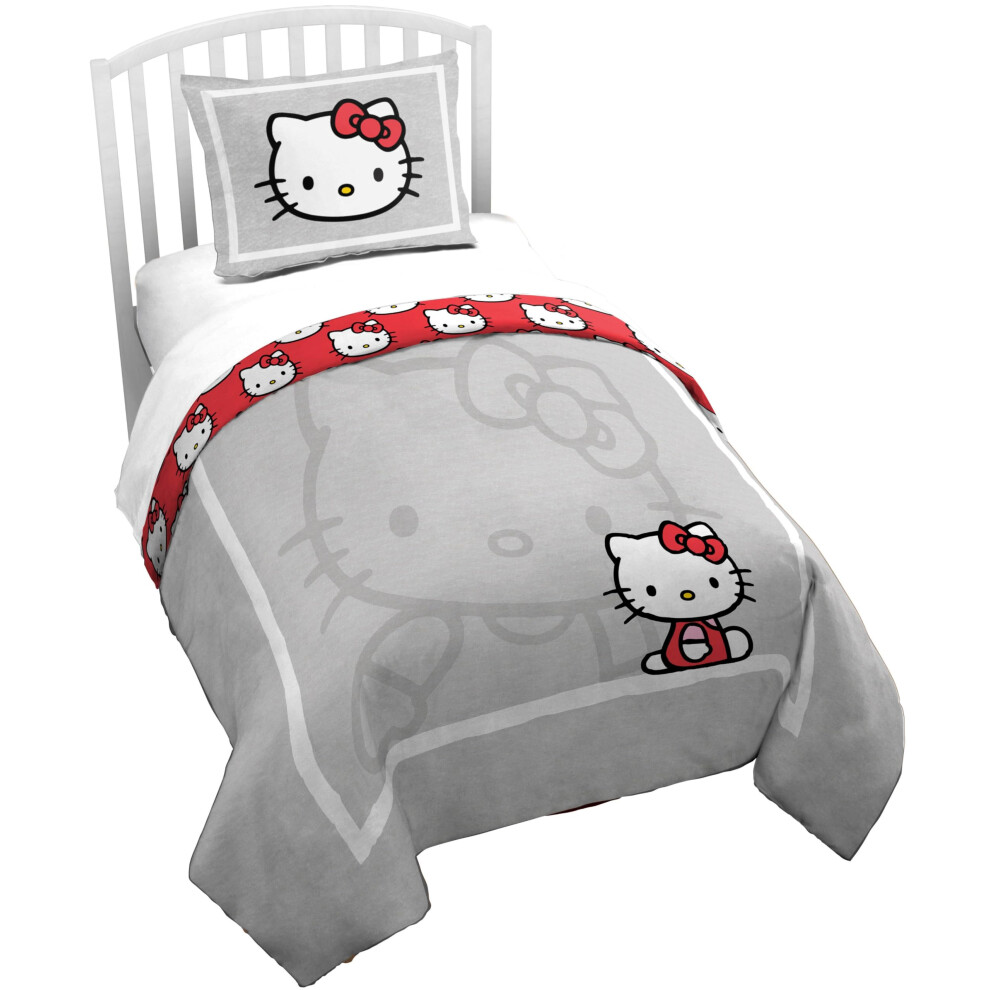 Parure de lit 2 pi  ces Jay Franco avec housse de couette et taie d'oreiller, ultra douce et confortable (coussin non inclus), gris - Hello Kitty Twin