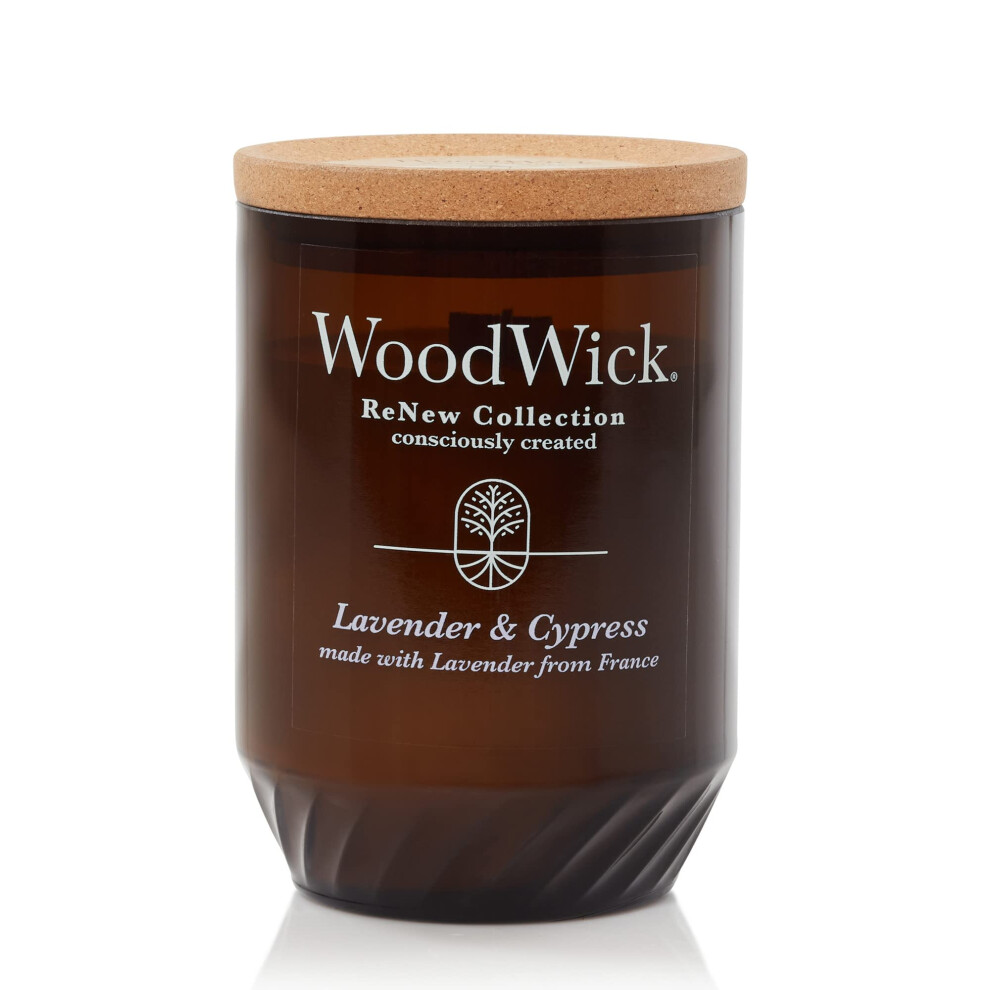 WoodWick Renew Large Candle  Lavender & Cypress Scented Candles  13oz  Plant Based Soy Wax Blend  Made with Upcycled Materials and Essential Oils  Up
