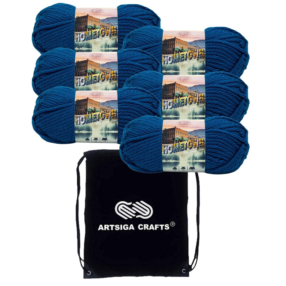 Lion Brand Hometown Athens Blue Sky 135-116 (6-Skeins - Same Dye Lot) #6 S Bulky Acrylic Yarn for Crocheting and Knitting with Project Bag