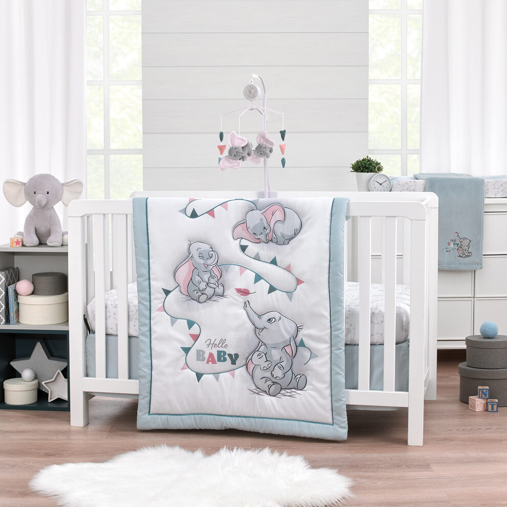 Parure de lit 3 pi   ces Disney Dumbo Hello Baby, motif cirque gris et blanc, pour chambre d'enfant   : couette, drap-housse et jupe de lit