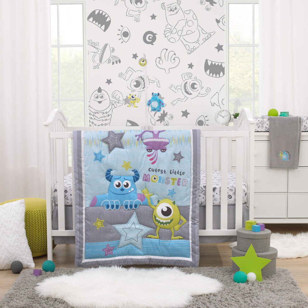 Disney Monsters Inc. Le plus mignon des petits monstres turquoise vert violet et gris Sully Mike et Randall Parure de lit 3 pi   ces pour berceau -