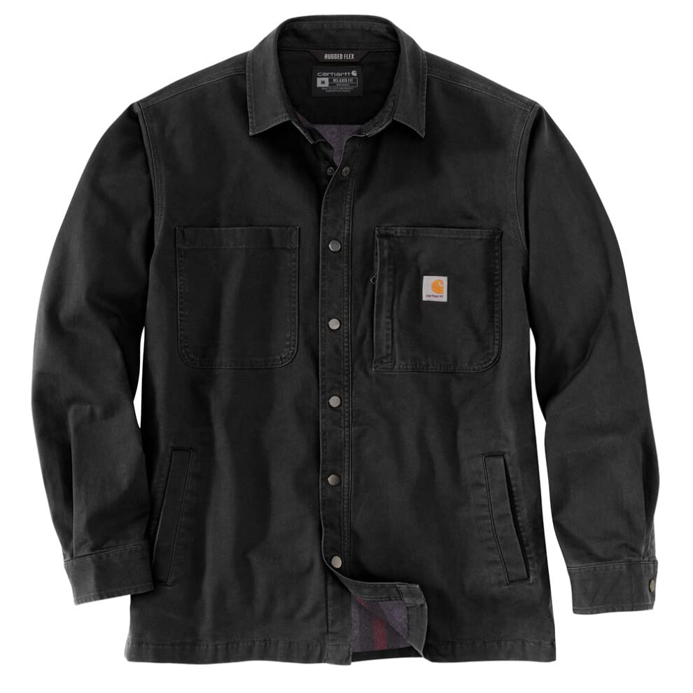 Carhartt Men's Rugged Flex Relaxed Fit Canvas Fleece-Lined Snap-Front Shirt Jac  Black  Large