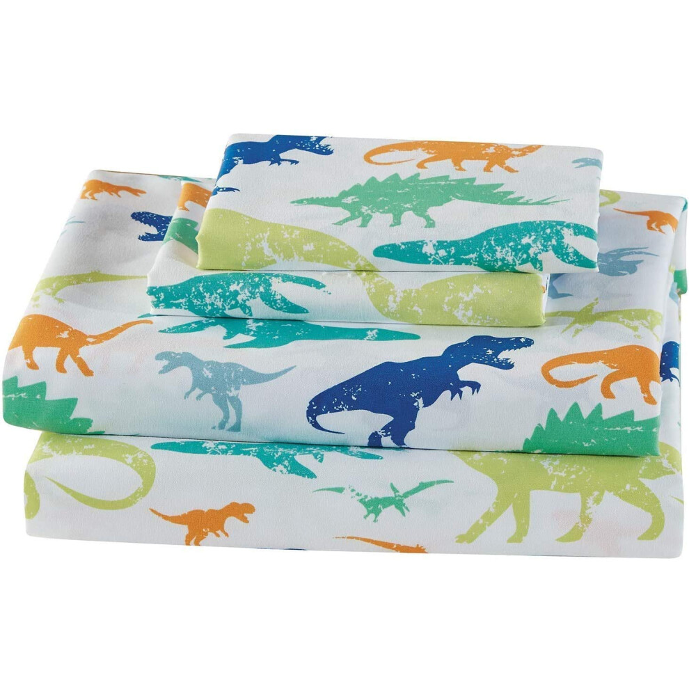 Parure de lit en lin fantaisie pour gar  ons/filles/adolescents, motif dinosaures vintage vert, blanc, orange et bleu, neuf (plein)
