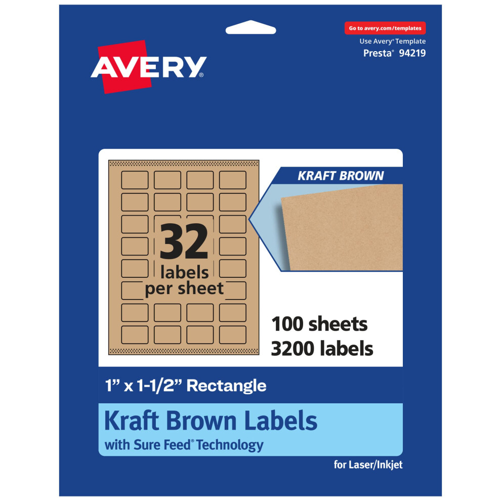 Tiquettes Rectangulaires Avery Kraft Brown Avec Sure Feed 1"""" X 1,5"""" 3 200 Tiquettes Kraft Brown Imprimables Jusqu'au Bord, Laser/Jet D'encre-image