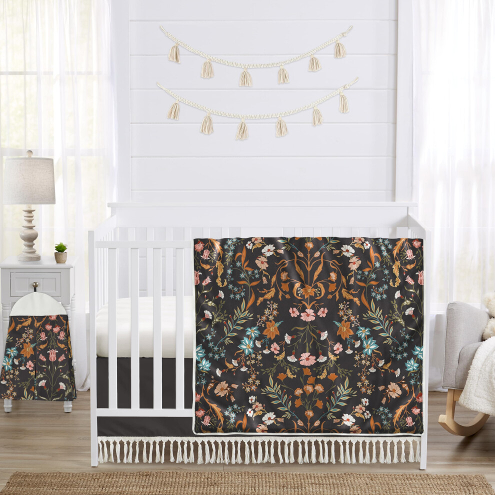 Parure de lit 4 pièces Sweet Jojo Designs pour bébé (fleurs sauvages noires et vintage) pour fille, avec couverture, drap-housse, jupe et range-c