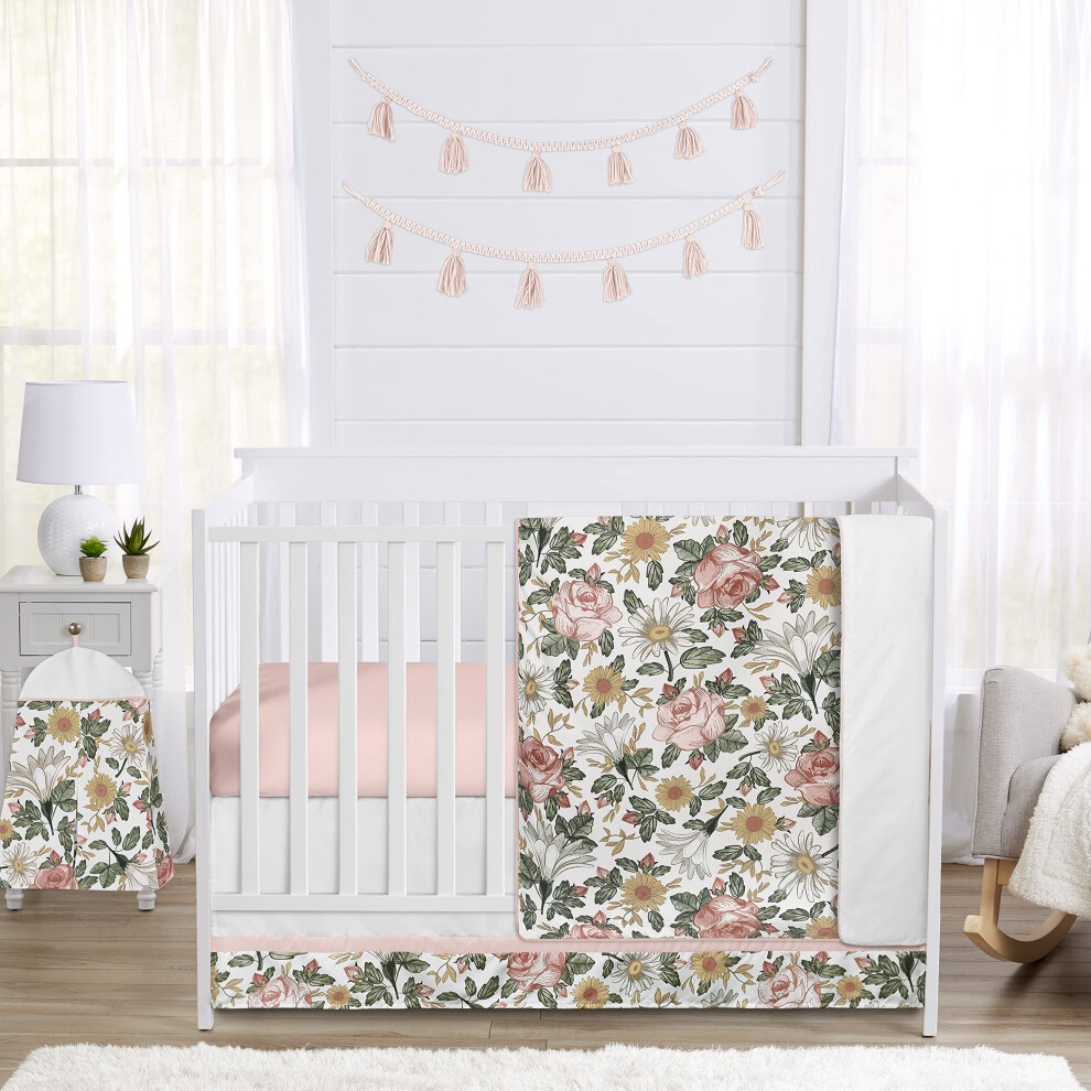 Parure de lit 4 pièces Sweet Jojo Designs pour bébé (style bohème vintage floral) pour fille, avec couverture, drap-housse, jupe et range-couches