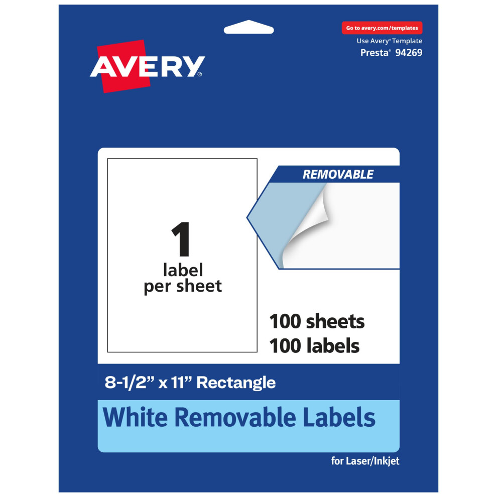 Tiquettes Rectangulaires Amovibles Avery, Papier Autocollant Blanc Mat, 8,5"" X 11"" (21,6 X 27,9 Cm), 100 Tiquettes Amovibles, Imprimables Au La-image