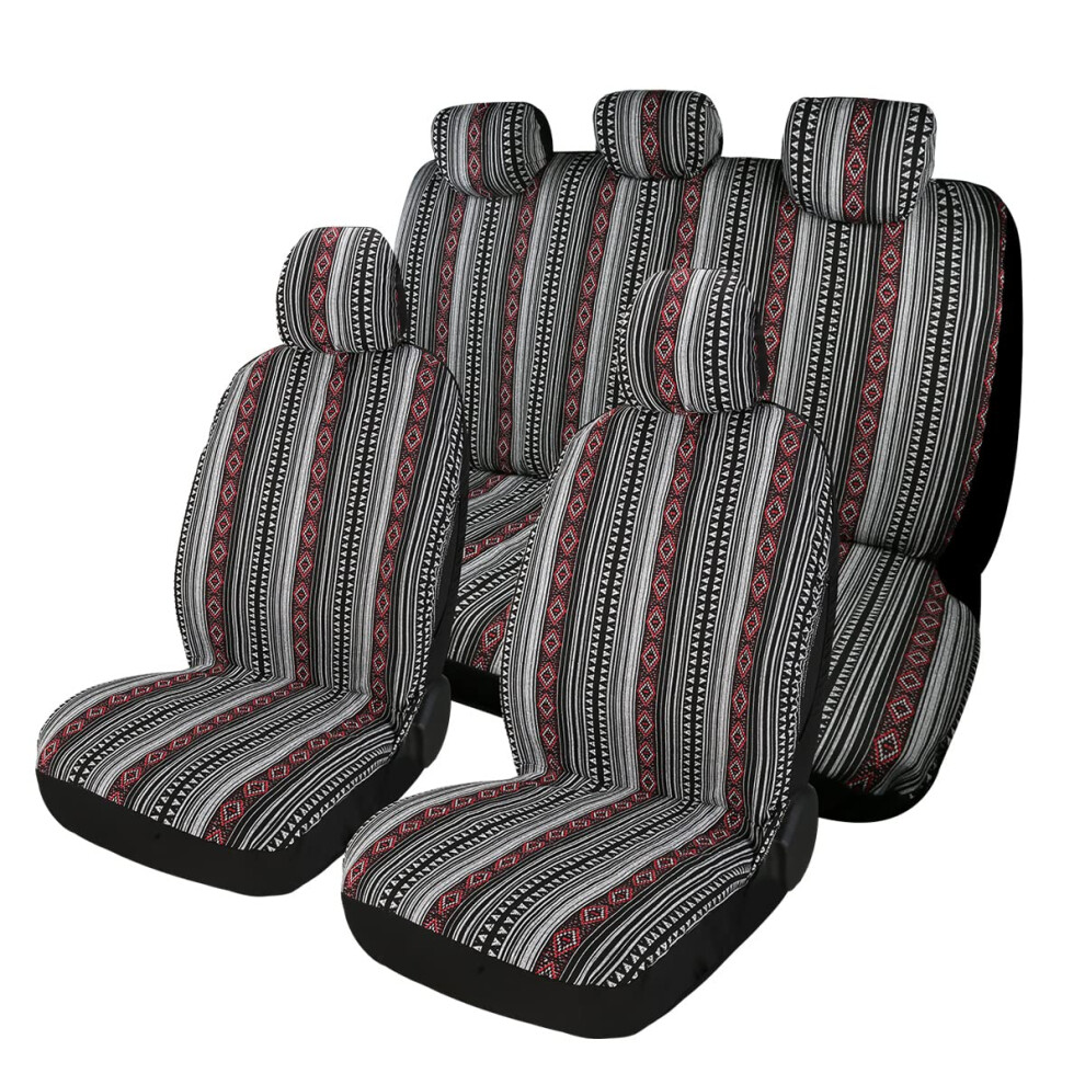 Ponyjoyup Baja Saddle Blanket Car Seat Covers 9Pcs Full Set Breathable And Washable Striped Woven Automotive Vehicle Seat Cover Universal Boho Seat 754003343229