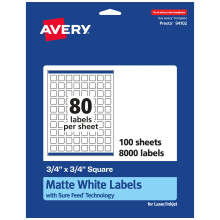 Avery Matte White Square Labels with Sure Feed 3/4"""" x 3/4"""" 8 000 Matte White Printable Labels