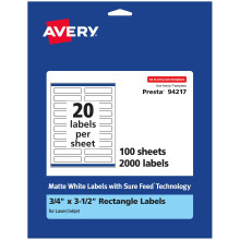 Avery Matte White Rectangle Labels with Sure Feed 0.75"""" x 3.5"""" 2 000 Matte White Printable Labels