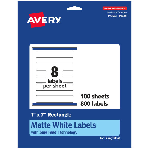Avery Matte White Rectangle Labels with Sure Feed  1"""" x 7""""  800 Matte White Printable Labels
