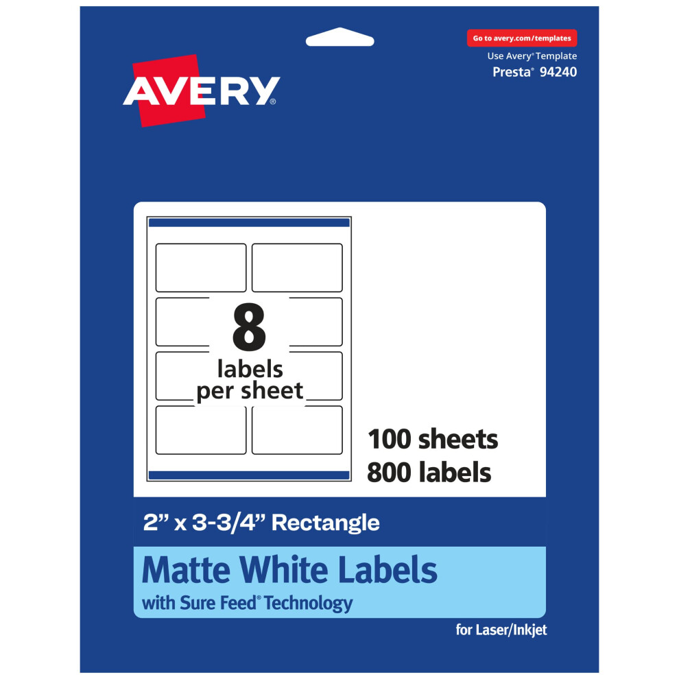 Avery Mattwei E Rechteckige Etiketten Mit Sure Feed, 2 X 3,75 Zoll, 800 Mattwei E Bedruckbare Etiketten-image